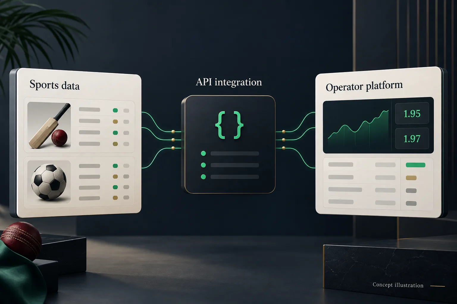 Conceptual flow from sports data through API integration to an operator platform