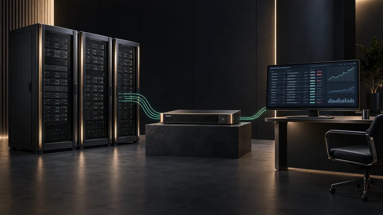 Illustration of server racks connected through an API gateway to a market data console